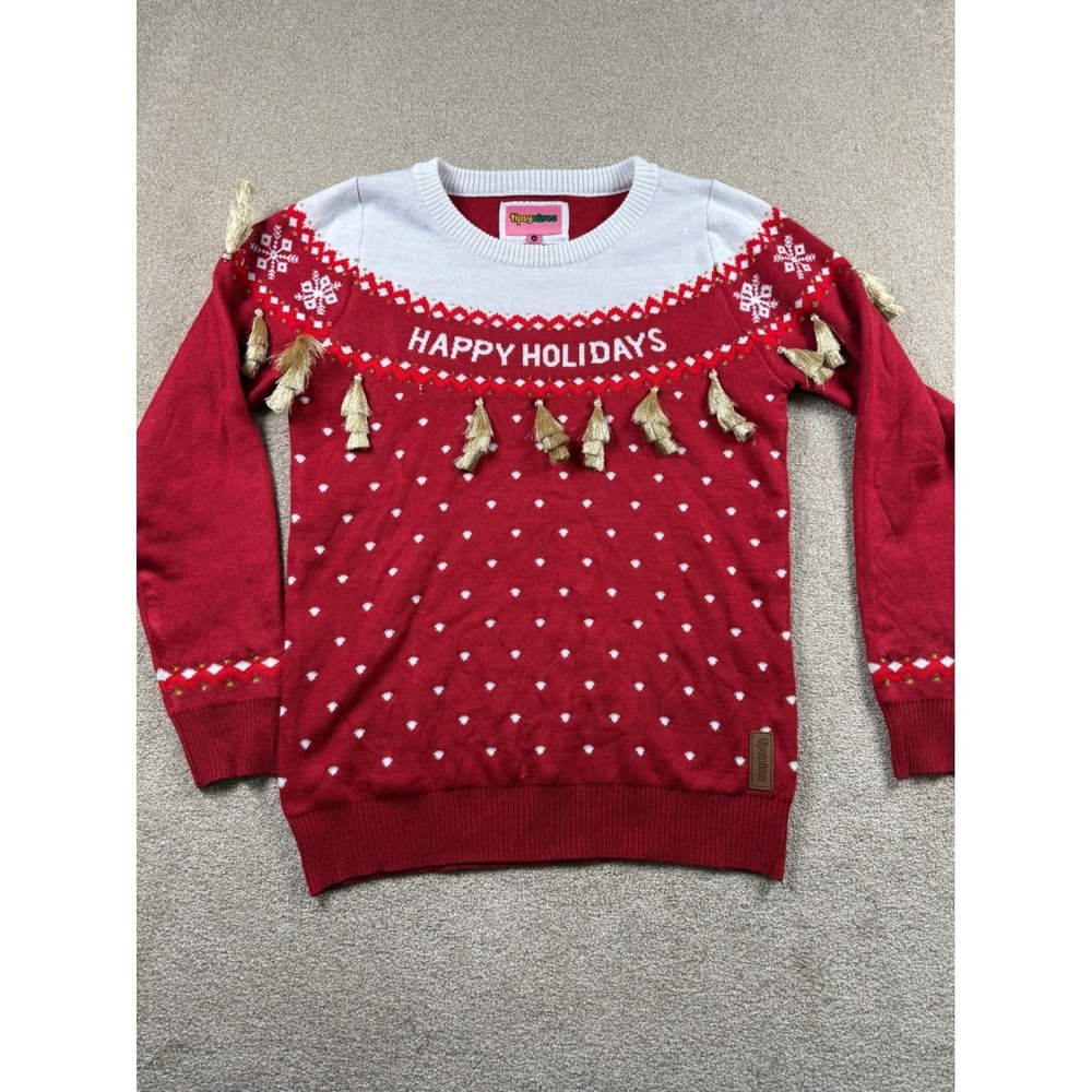 Tipsy Elves Happy Holidays Sweater Womens Medium Red White Gold Tassels Knit